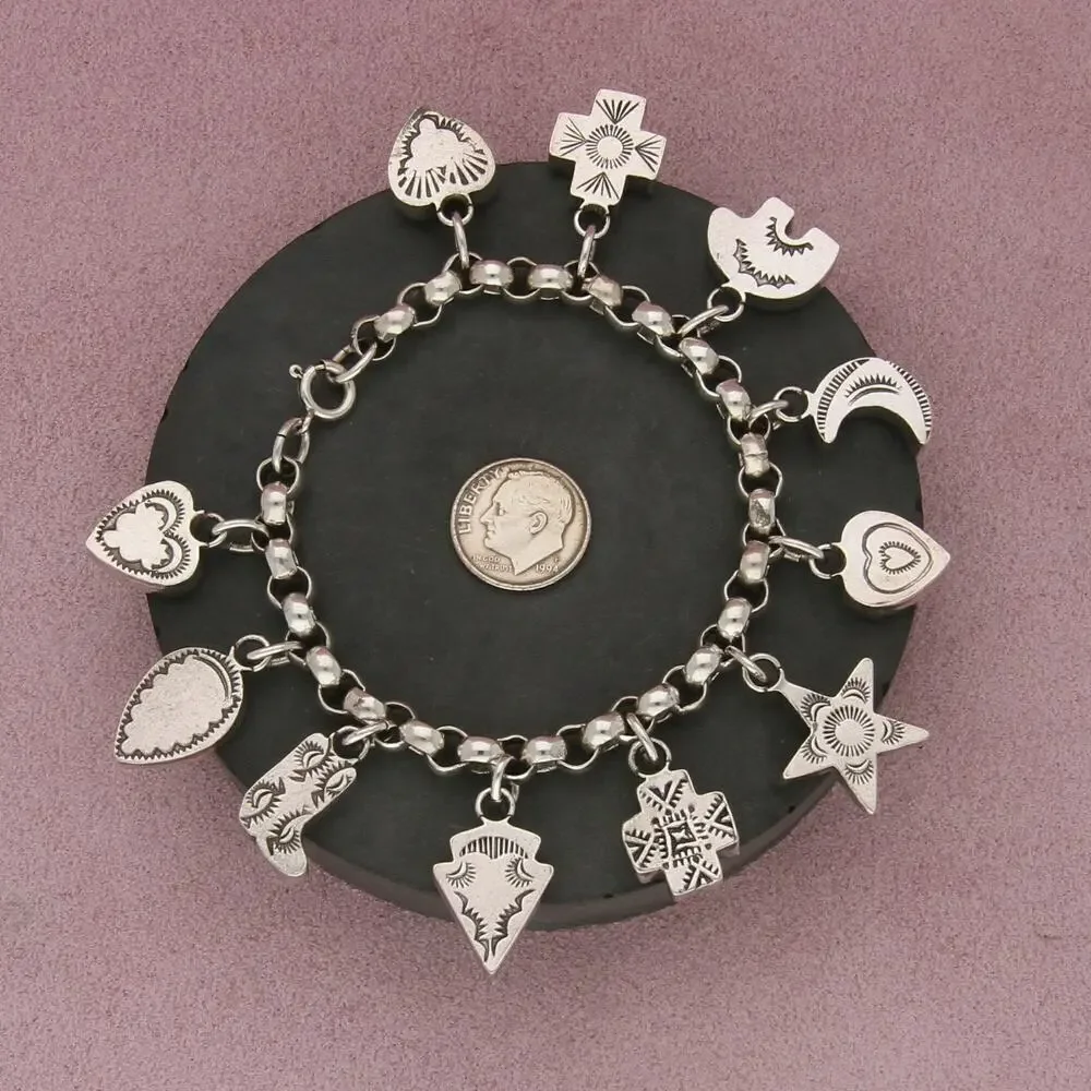 joan slifka sterling silver vintage southwest 11 multi-stone charm bracelet 7in - Picture 2 of 3